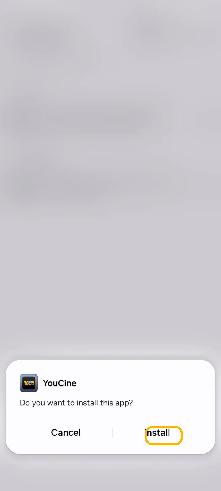 Android install confirmation popup with the Install button highlighted in yellow