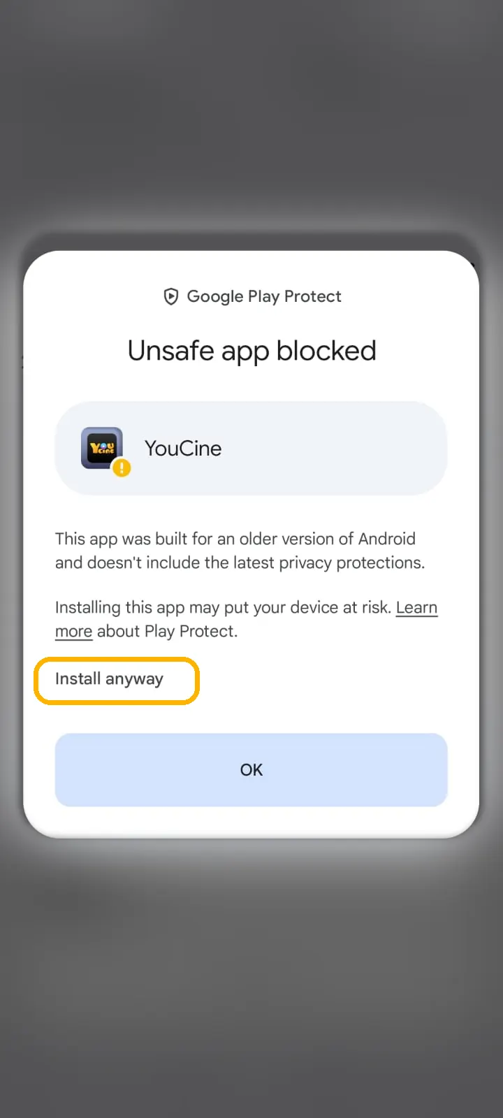 Google Play Protect warning with the Install anyway option highlighted in yellow
