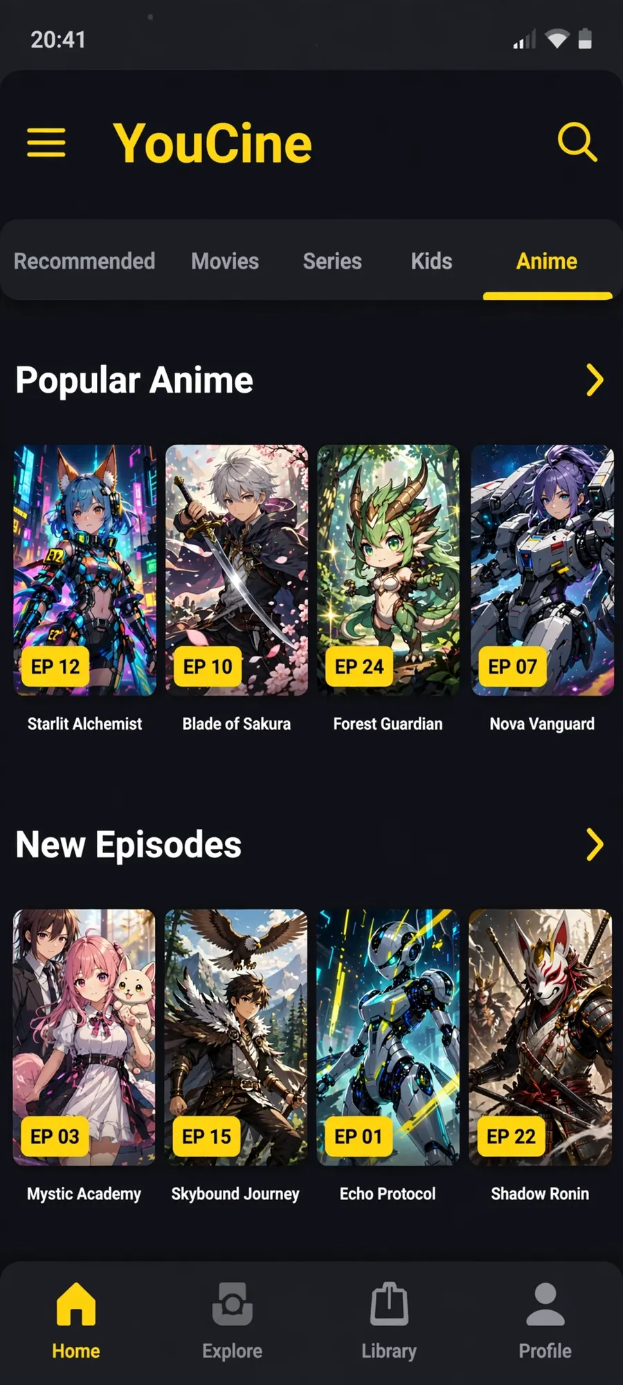 YouCine app screen on the anime tab