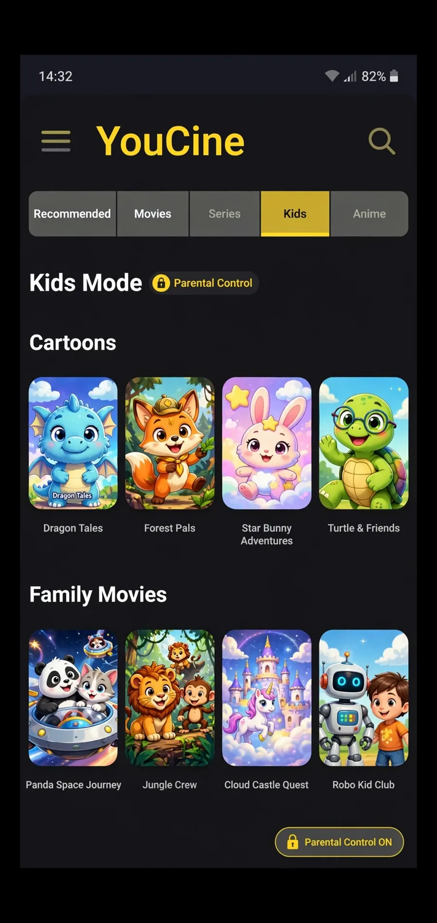 YouCine app screen in kids mode