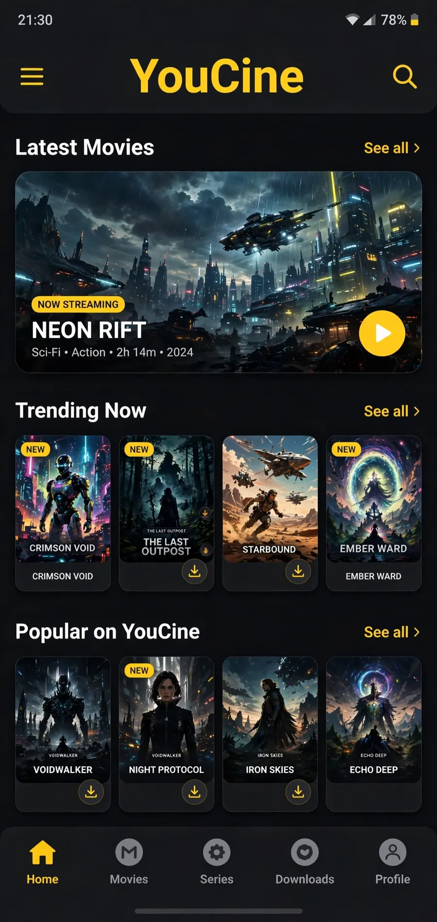 YouCine app screen with the latest movie releases