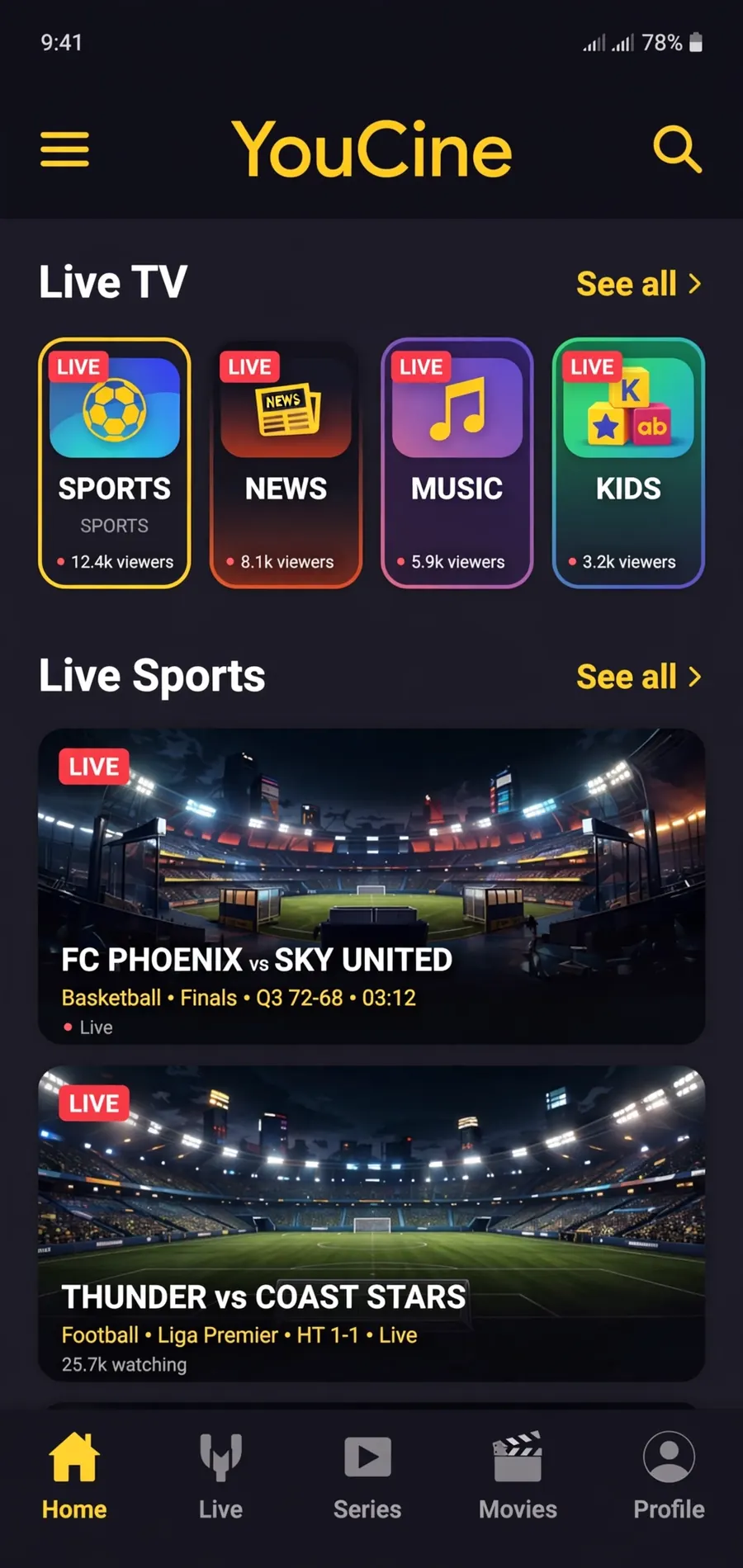 YouCine app screen with live TV channels and live sports