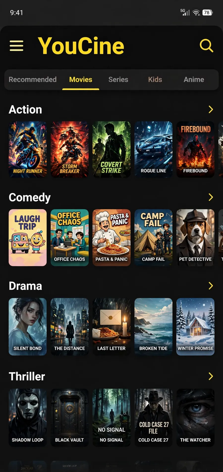 YouCine app screen showing movie categories: action, comedy, drama and thriller