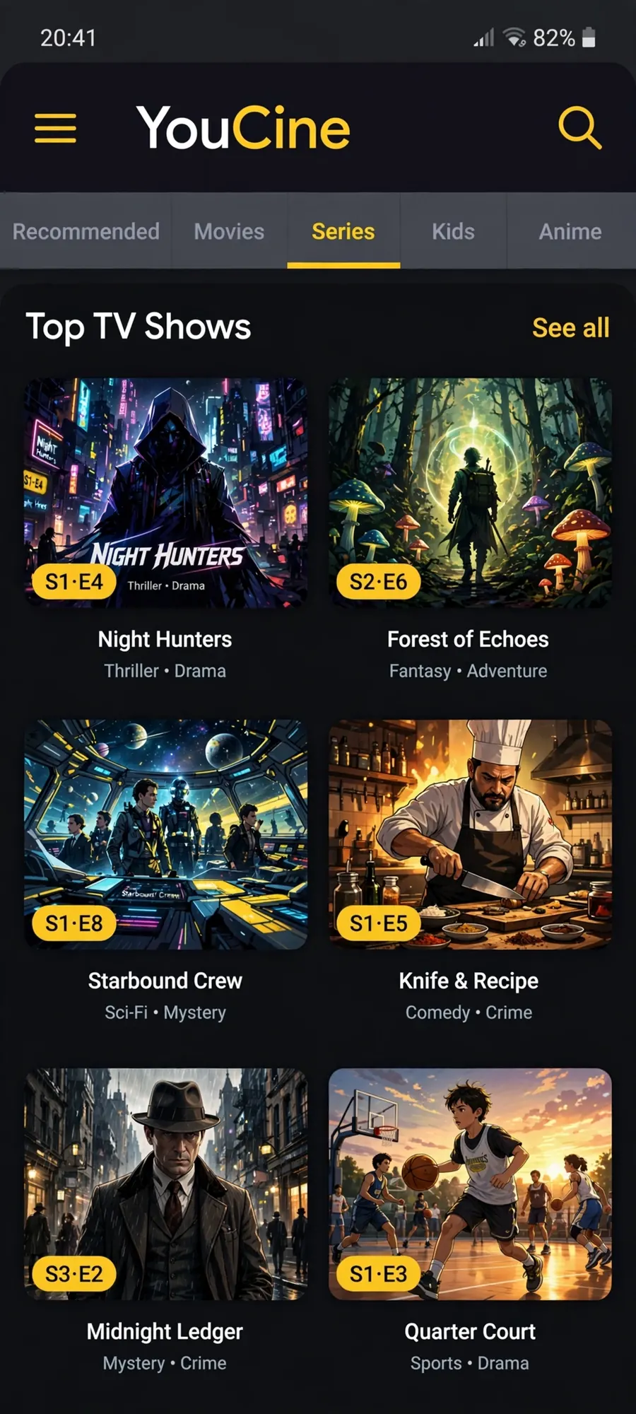 YouCine app screen with the top TV shows section